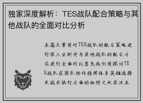 独家深度解析：TES战队配合策略与其他战队的全面对比分析