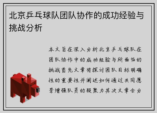 北京乒乓球队团队协作的成功经验与挑战分析