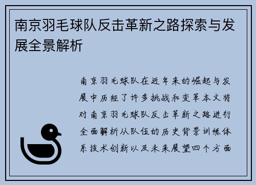 南京羽毛球队反击革新之路探索与发展全景解析